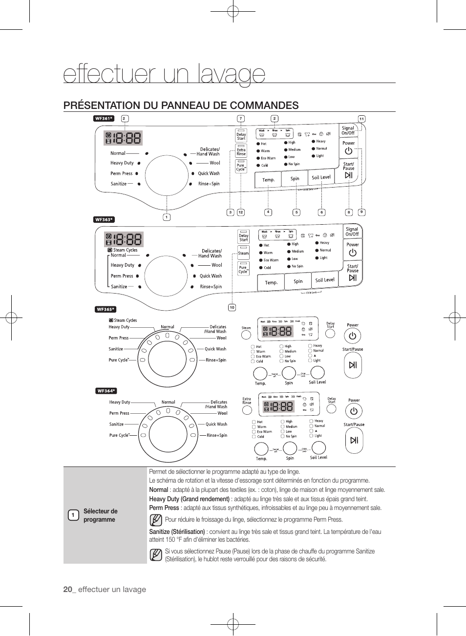 Présentation du panneau de commandes, Effectuer un lavage | Samsung WF361BVBEWR-A1 User Manual | Page 108 / 132