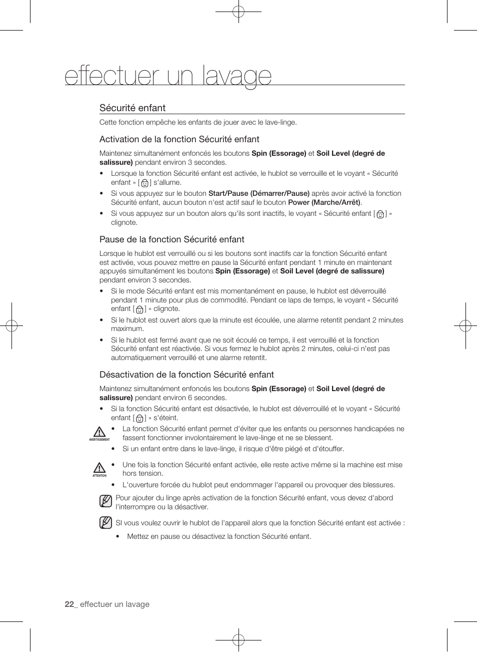 Effectuer un lavage, Sécurité enfant | Samsung WF361BVBEWR-A1 User Manual | Page 110 / 132