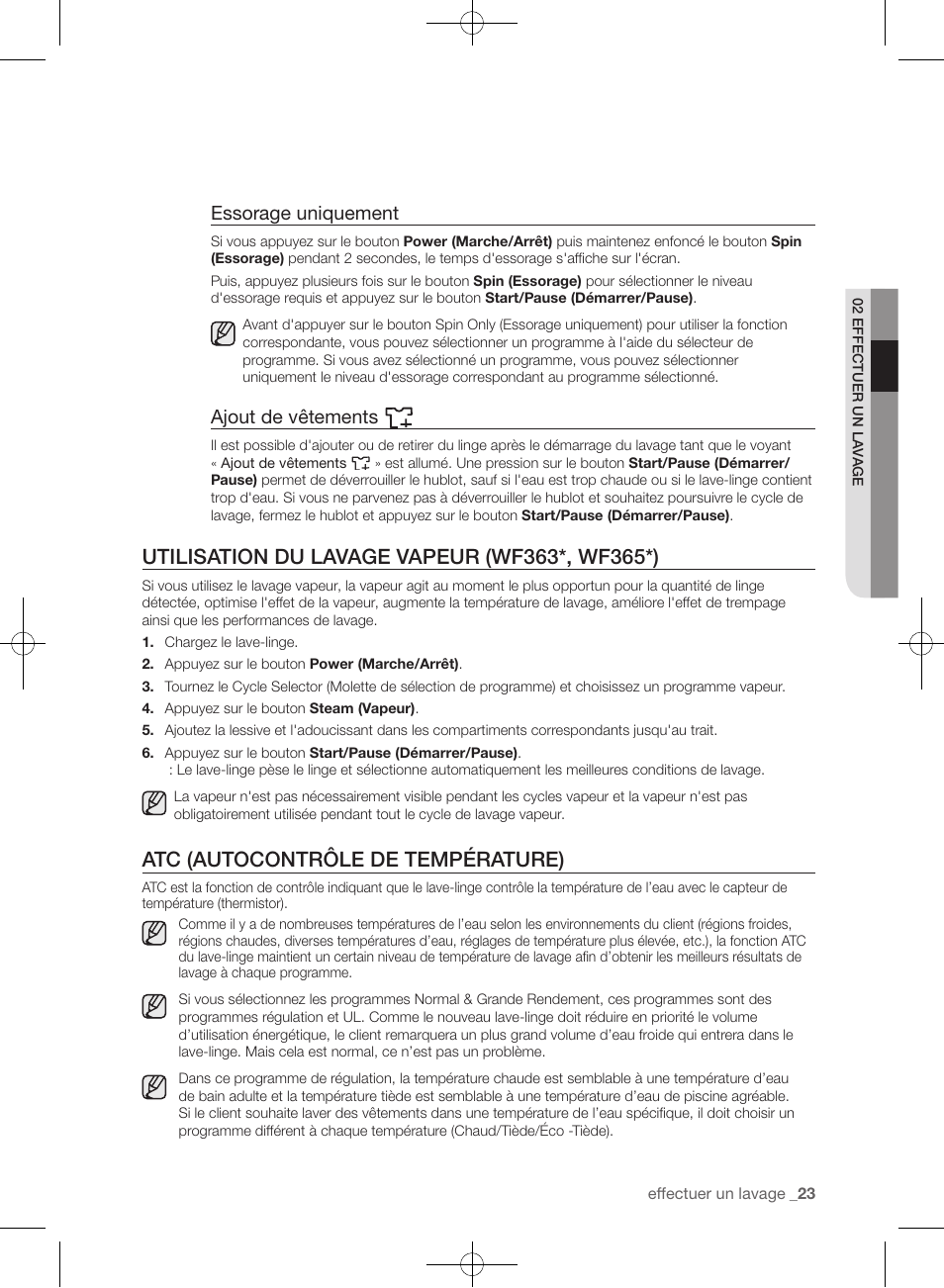 Atc (autocontrôle de température), Essorage uniquement, Ajout de vêtements | Samsung WF361BVBEWR-A1 User Manual | Page 111 / 132