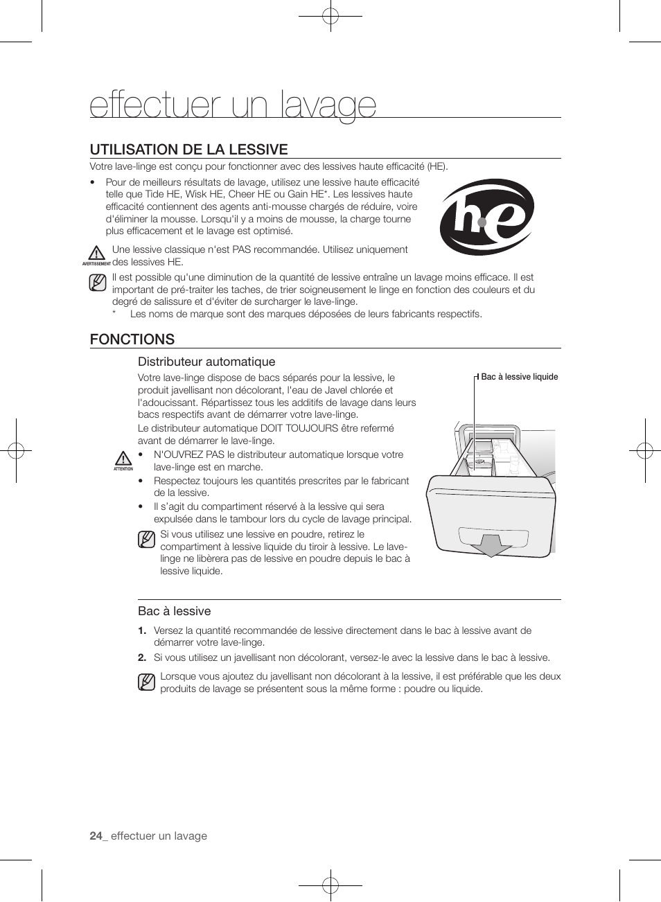 Effectuer un lavage, Utilisation de la lessive, Fonctions | Samsung WF361BVBEWR-A1 User Manual | Page 112 / 132