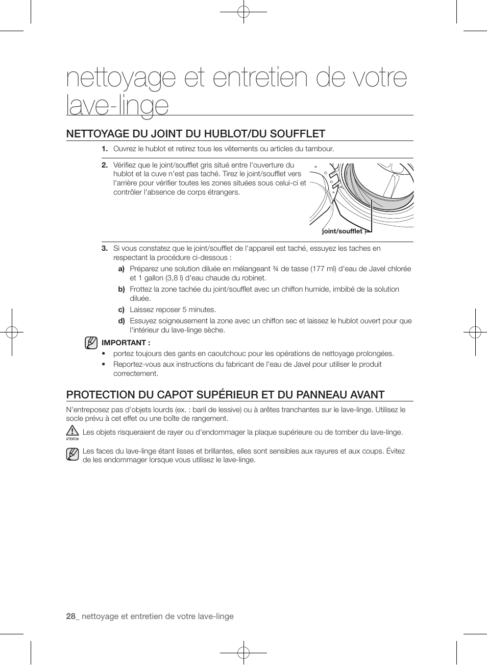 Nettoyage et entretien de votre lave-linge, Nettoyage du joint du hublot/du soufflet, Protection du capot supérieur et du panneau avant | Samsung WF361BVBEWR-A1 User Manual | Page 116 / 132