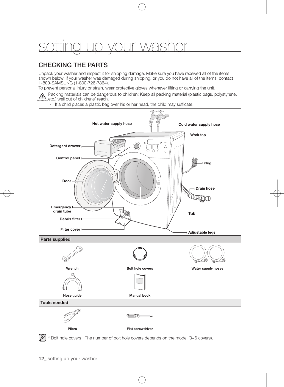 Setting up your washer, Checking the parts | Samsung WF361BVBEWR-A1 User Manual | Page 12 / 132