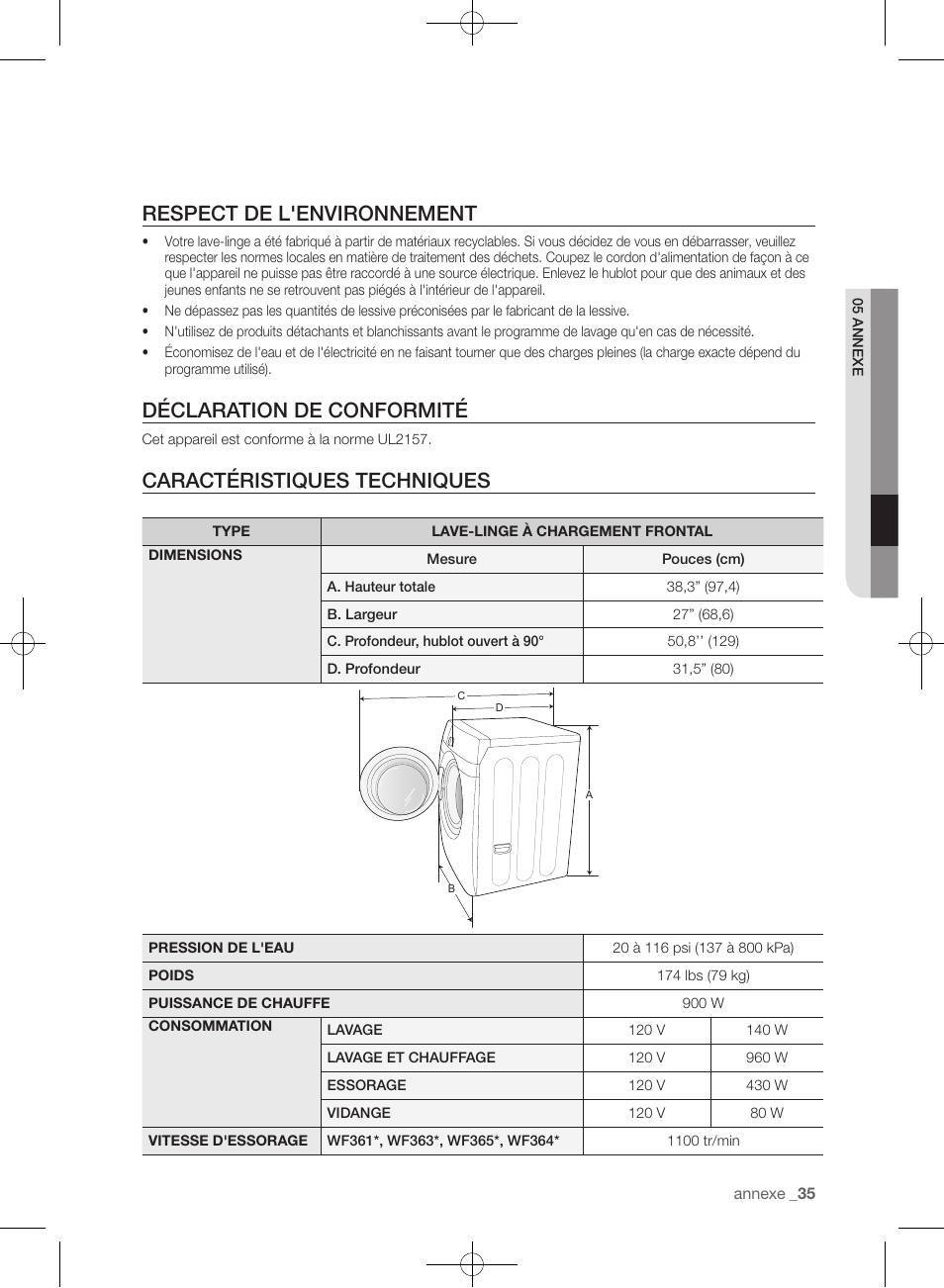 Respect de l'environnement, Déclaration de conformité, Caractéristiques techniques | Samsung WF361BVBEWR-A1 User Manual | Page 123 / 132