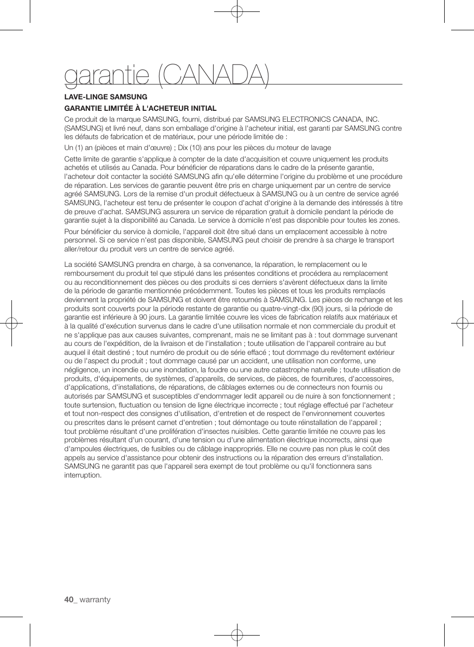 Garantie (canada) | Samsung WF361BVBEWR-A1 User Manual | Page 128 / 132