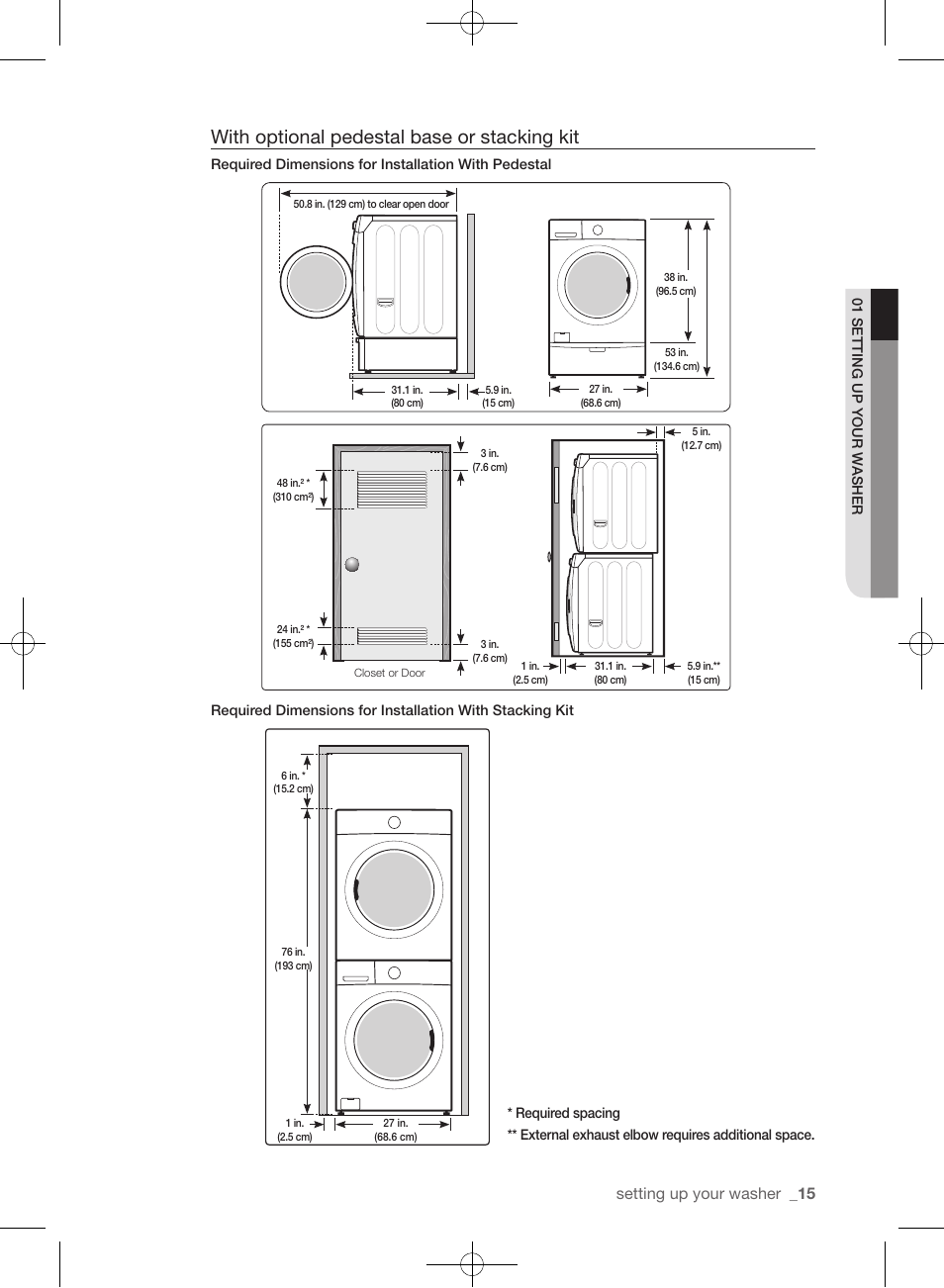 With optional pedestal base or stacking kit, Setting up your washer | Samsung WF361BVBEWR-A1 User Manual | Page 15 / 132