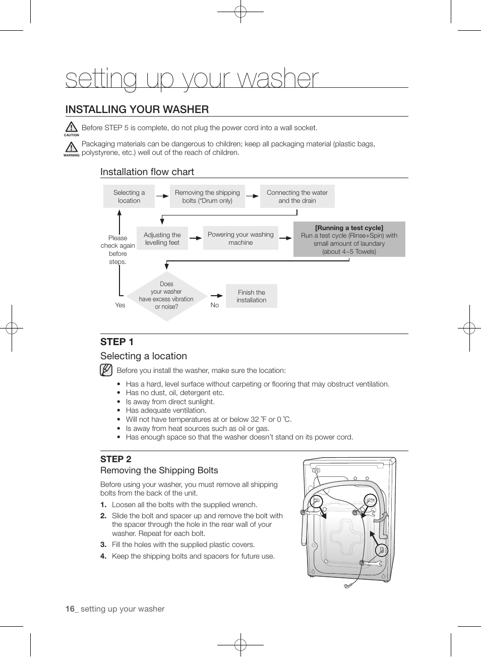 Setting up your washer, Installing your washer, Installation flow chart | Step 1 selecting a location | Samsung WF361BVBEWR-A1 User Manual | Page 16 / 132