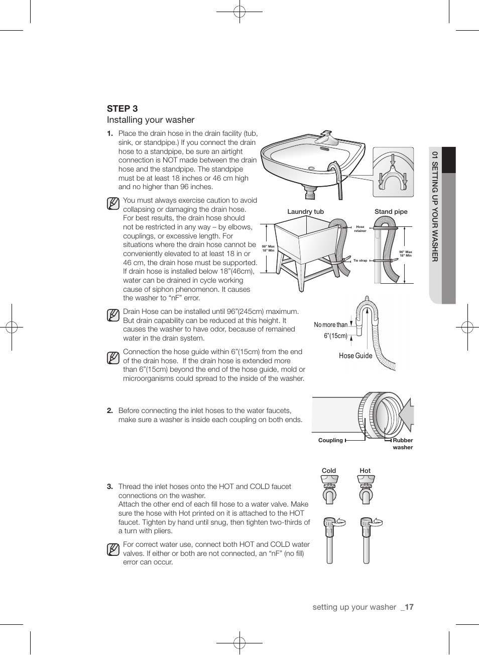 Step 3 installing your washer, Setting up your washer | Samsung WF361BVBEWR-A1 User Manual | Page 17 / 132