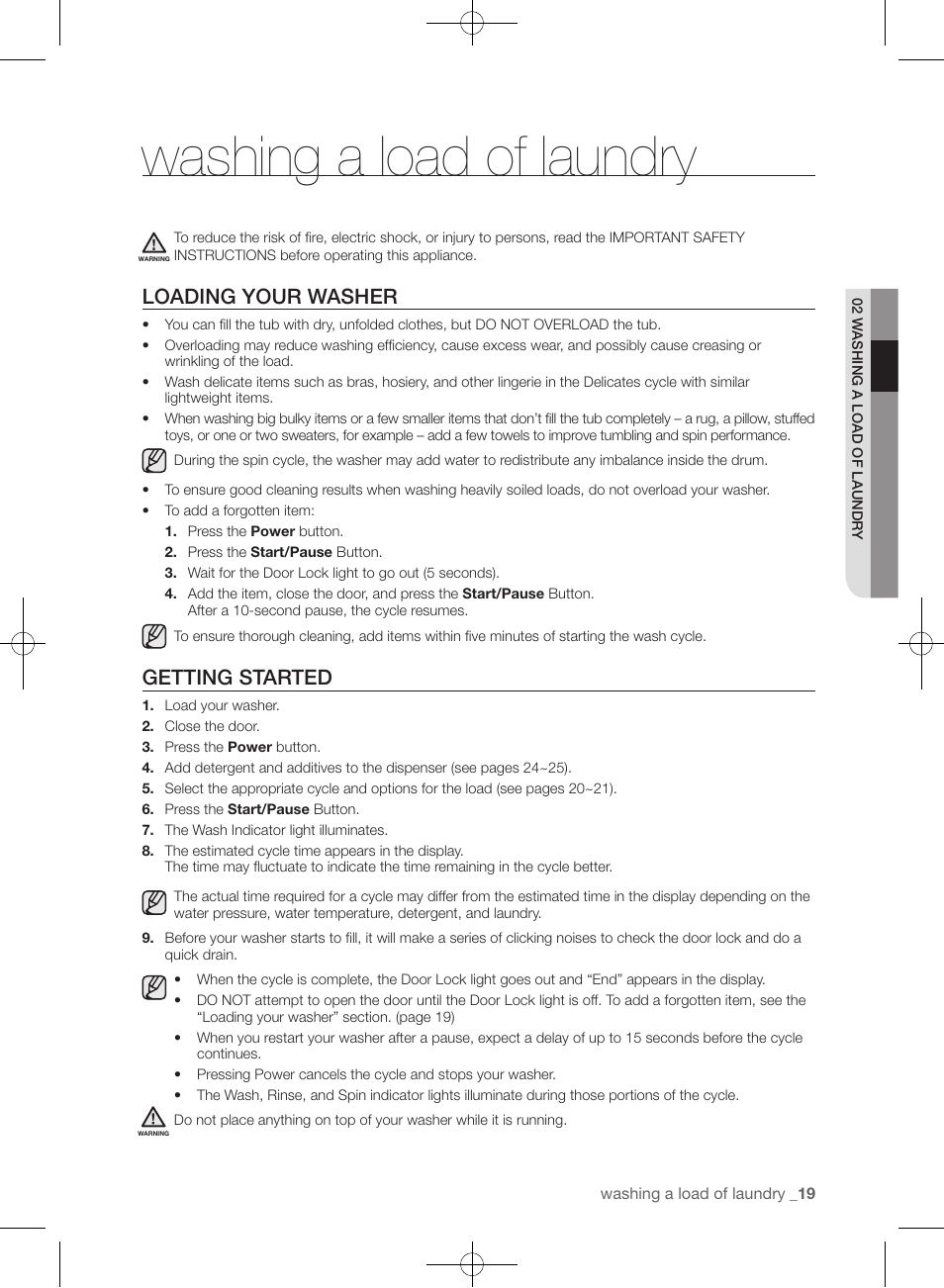 Washing a load of laundry, Loading your washer, Getting started | Samsung WF361BVBEWR-A1 User Manual | Page 19 / 132