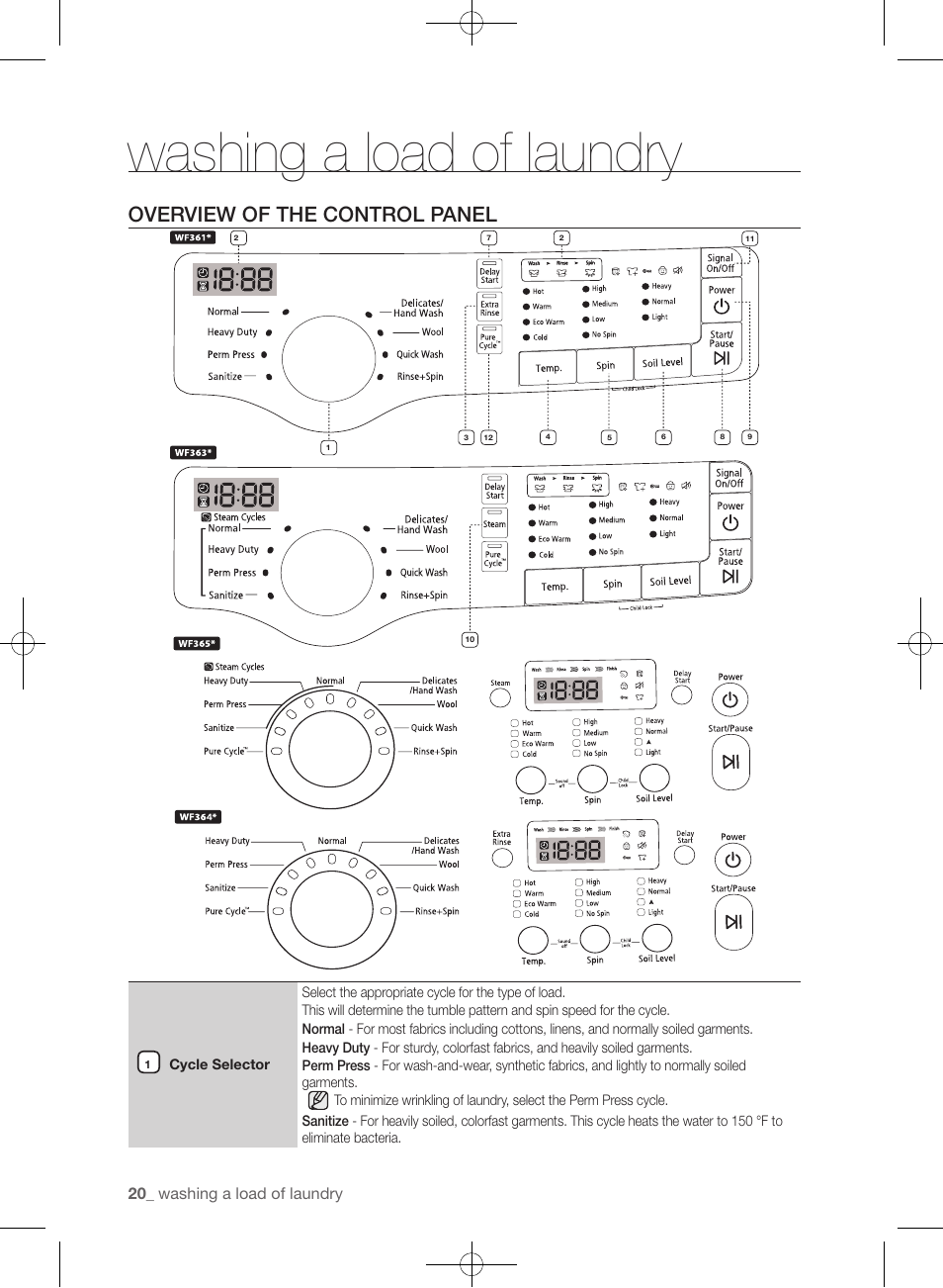 Overview of the control panel, Washing a load of laundry | Samsung WF361BVBEWR-A1 User Manual | Page 20 / 132