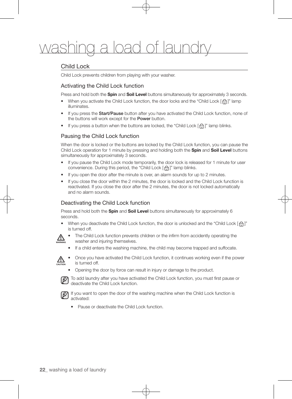 Washing a load of laundry, Child lock | Samsung WF361BVBEWR-A1 User Manual | Page 22 / 132