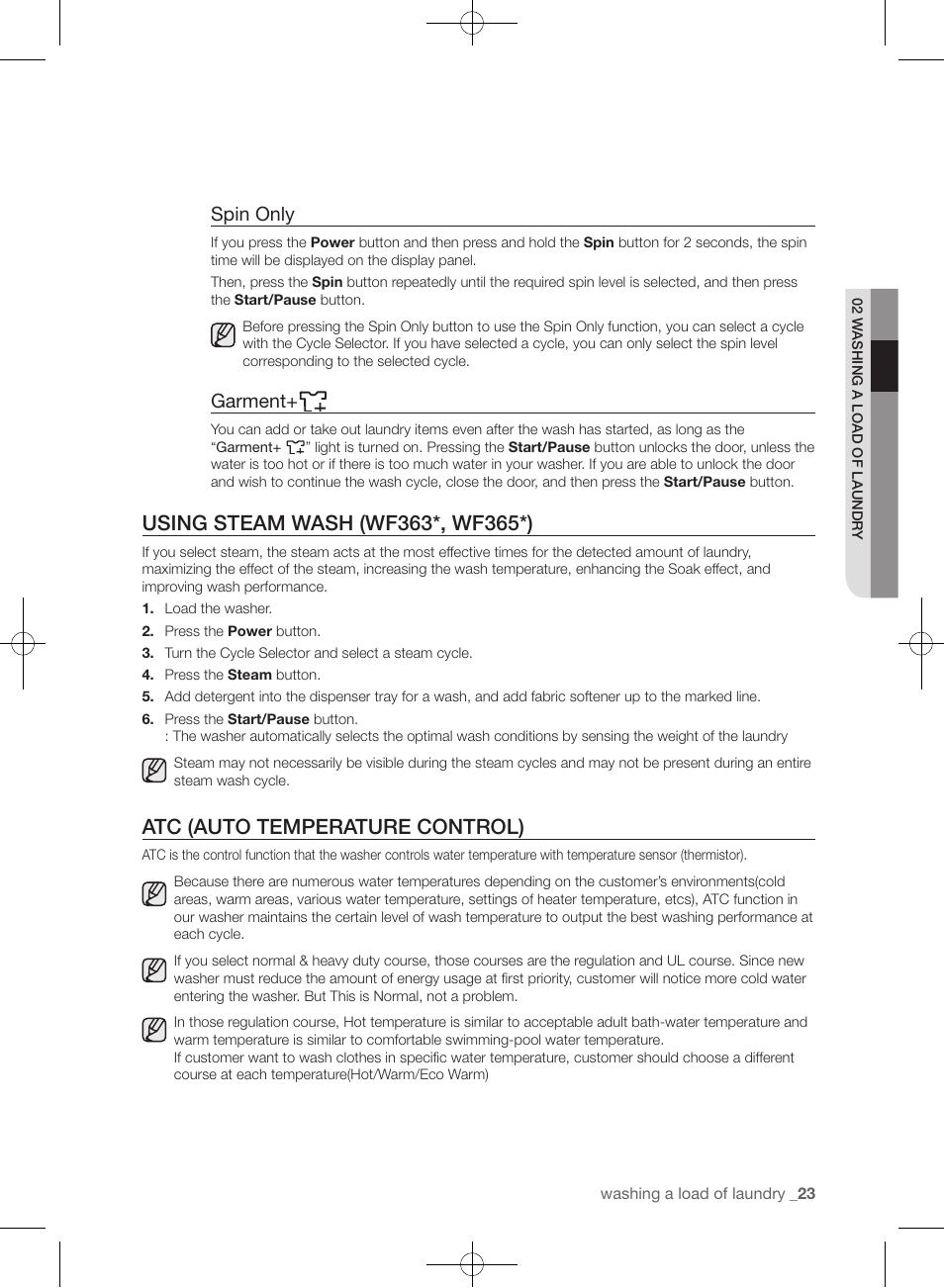 Atc (auto temperature control), Spin only, Garment | Samsung WF361BVBEWR-A1 User Manual | Page 23 / 132