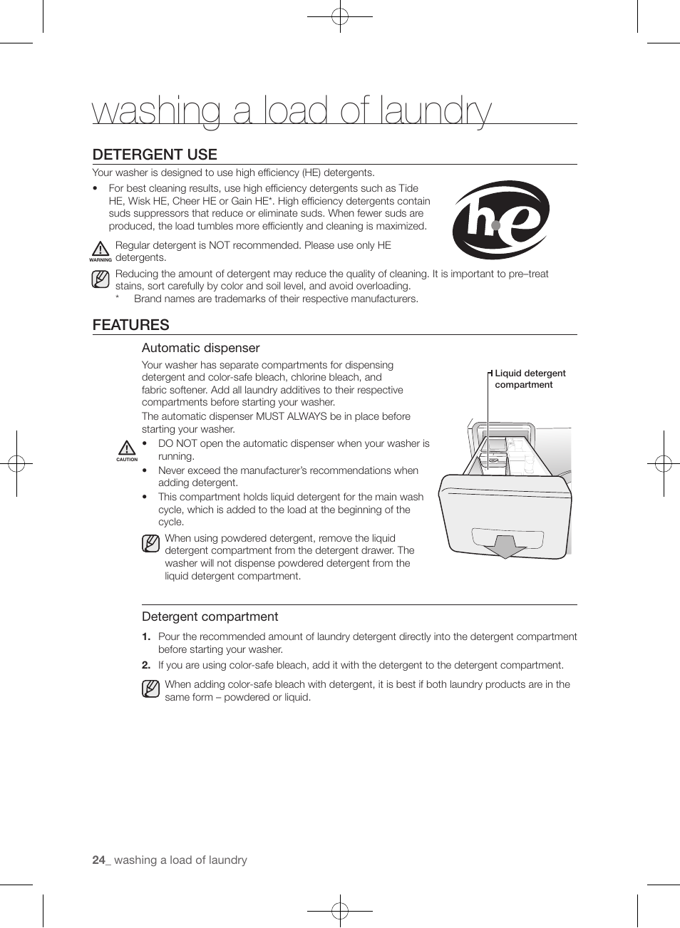 Washing a load of laundry, Detergent use, Features | Samsung WF361BVBEWR-A1 User Manual | Page 24 / 132