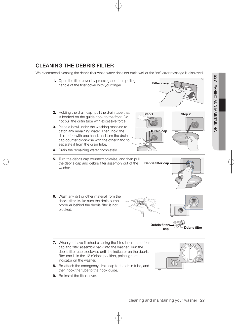 Cleaning the debris filter | Samsung WF361BVBEWR-A1 User Manual | Page 27 / 132