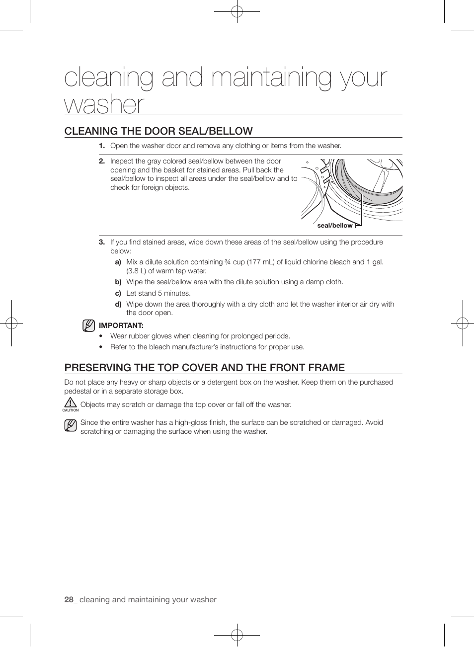 Cleaning and maintaining your washer, Cleaning the door seal/bellow, Preserving the top cover and the front frame | Samsung WF361BVBEWR-A1 User Manual | Page 28 / 132