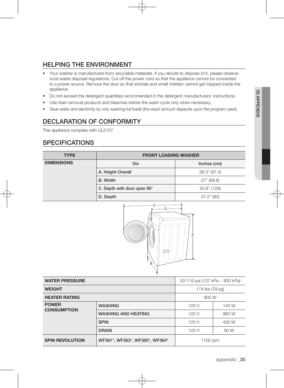 Helping the environment, Declaration of conformity, Specifications | Samsung WF361BVBEWR-A1 User Manual | Page 35 / 132