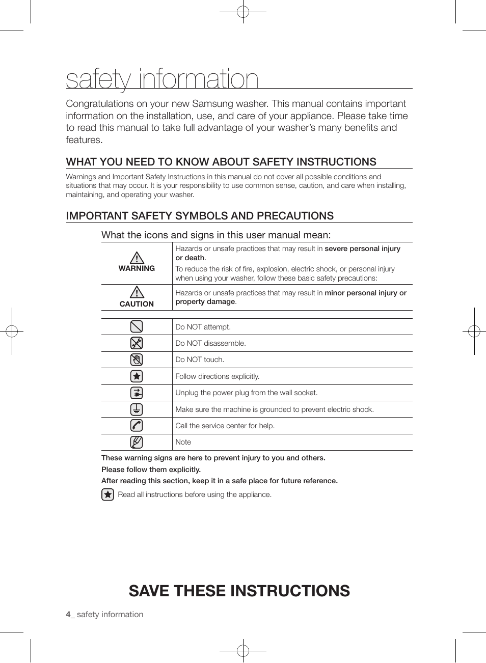 Safety information, Save these instructions, What you need to know about safety instructions | Important safety symbols and precautions | Samsung WF361BVBEWR-A1 User Manual | Page 4 / 132