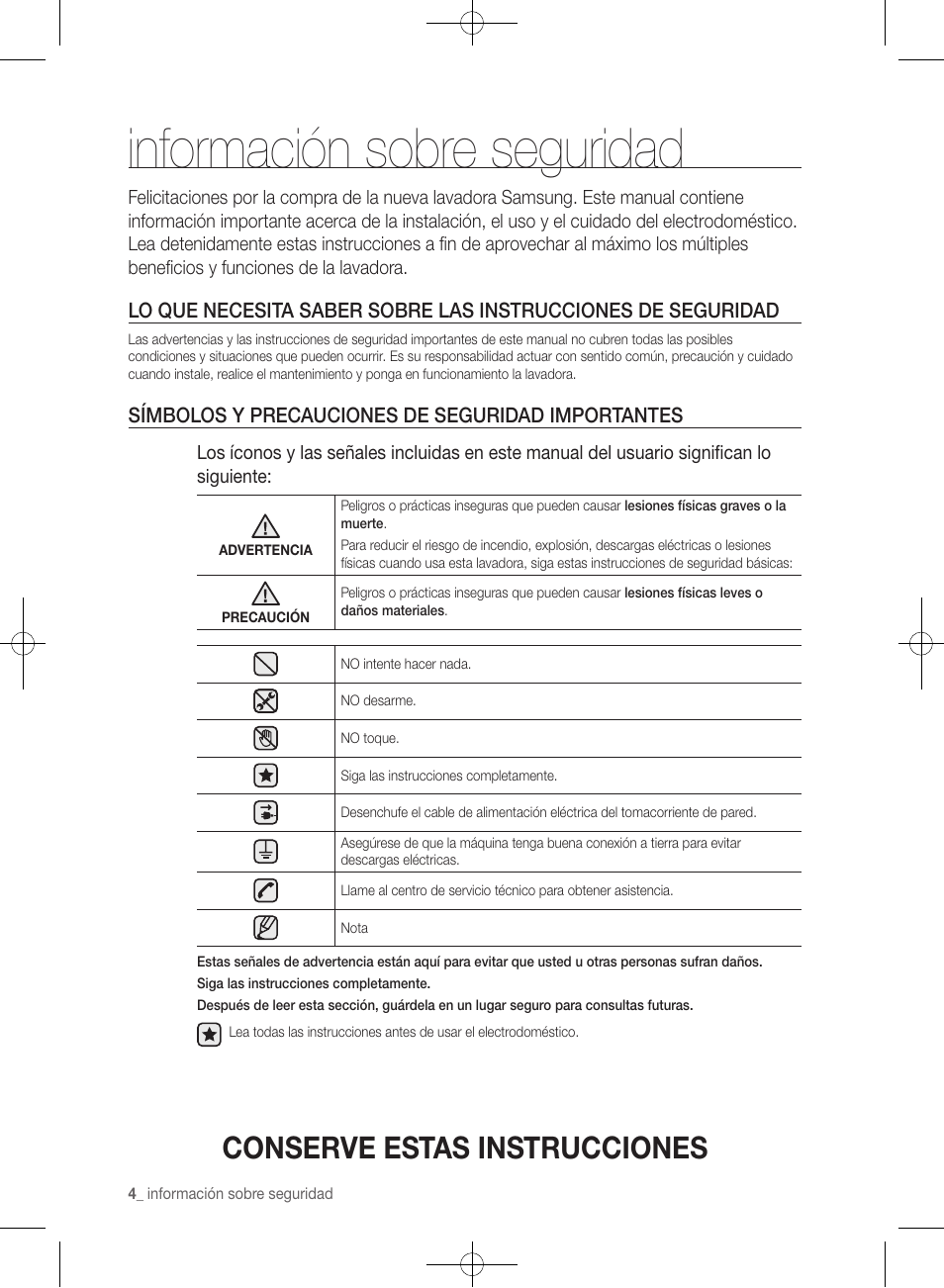 Información sobre seguridad, Conserve estas instrucciones, Símbolos y precauciones de seguridad importantes | Samsung WF361BVBEWR-A1 User Manual | Page 48 / 132