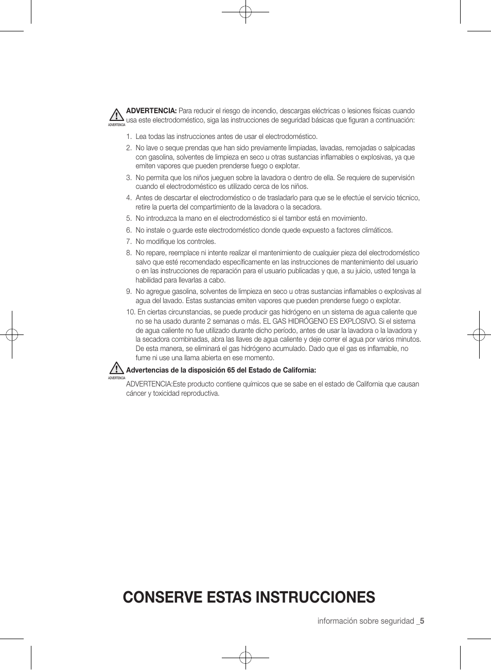 Conserve estas instrucciones | Samsung WF361BVBEWR-A1 User Manual | Page 49 / 132