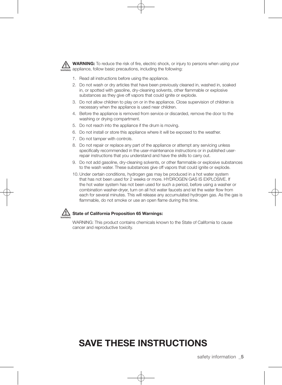 Save these instructions | Samsung WF361BVBEWR-A1 User Manual | Page 5 / 132