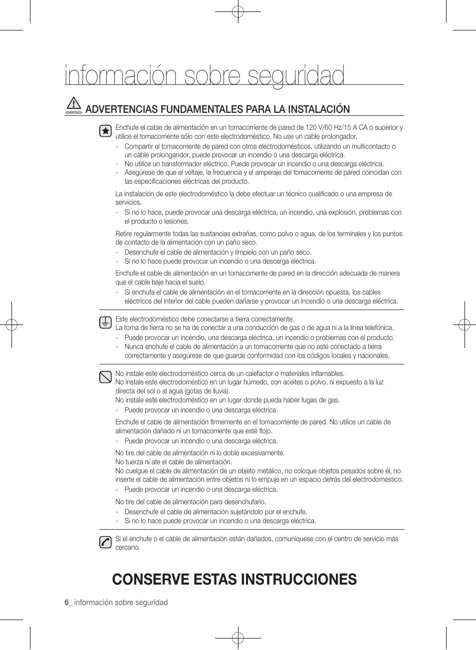 Información sobre seguridad, Conserve estas instrucciones, Advertencias fundamentales para la instalación | Samsung WF361BVBEWR-A1 User Manual | Page 50 / 132