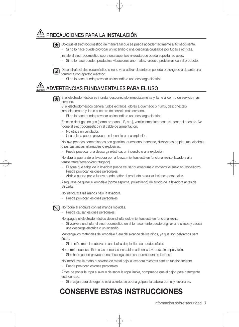 Conserve estas instrucciones, Precauciones para la instalación, Advertencias fundamentales para el uso | Samsung WF361BVBEWR-A1 User Manual | Page 51 / 132