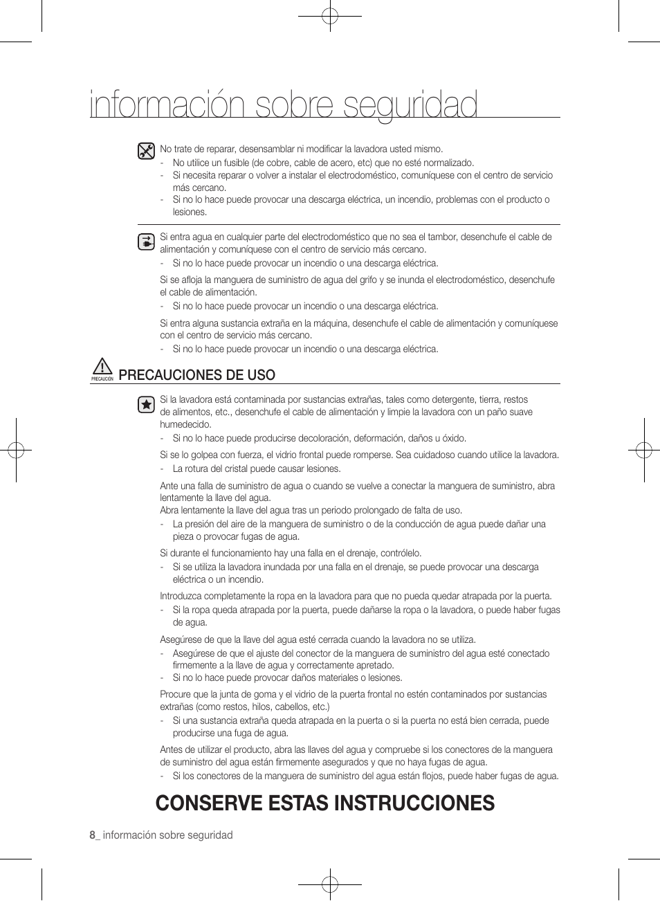 Información sobre seguridad, Conserve estas instrucciones, Precauciones de uso | Samsung WF361BVBEWR-A1 User Manual | Page 52 / 132