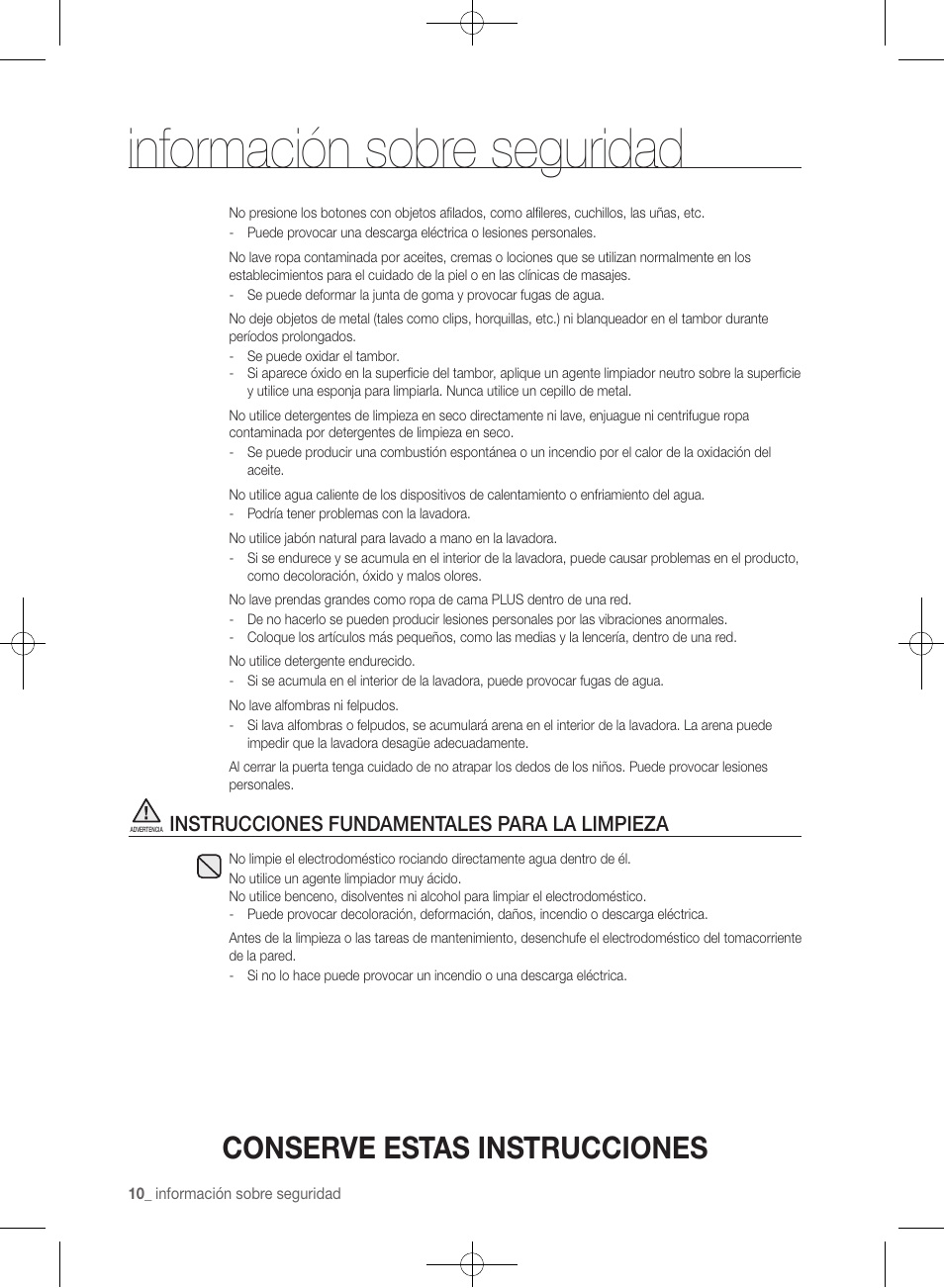 Información sobre seguridad, Conserve estas instrucciones, Instrucciones fundamentales para la limpieza | Samsung WF361BVBEWR-A1 User Manual | Page 54 / 132