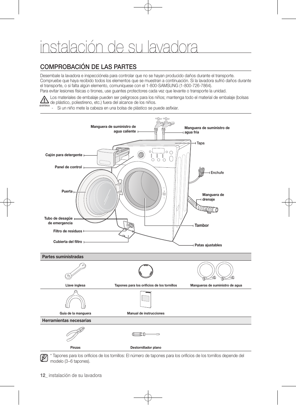 Instalación de su lavadora, Comprobación de las partes | Samsung WF361BVBEWR-A1 User Manual | Page 56 / 132