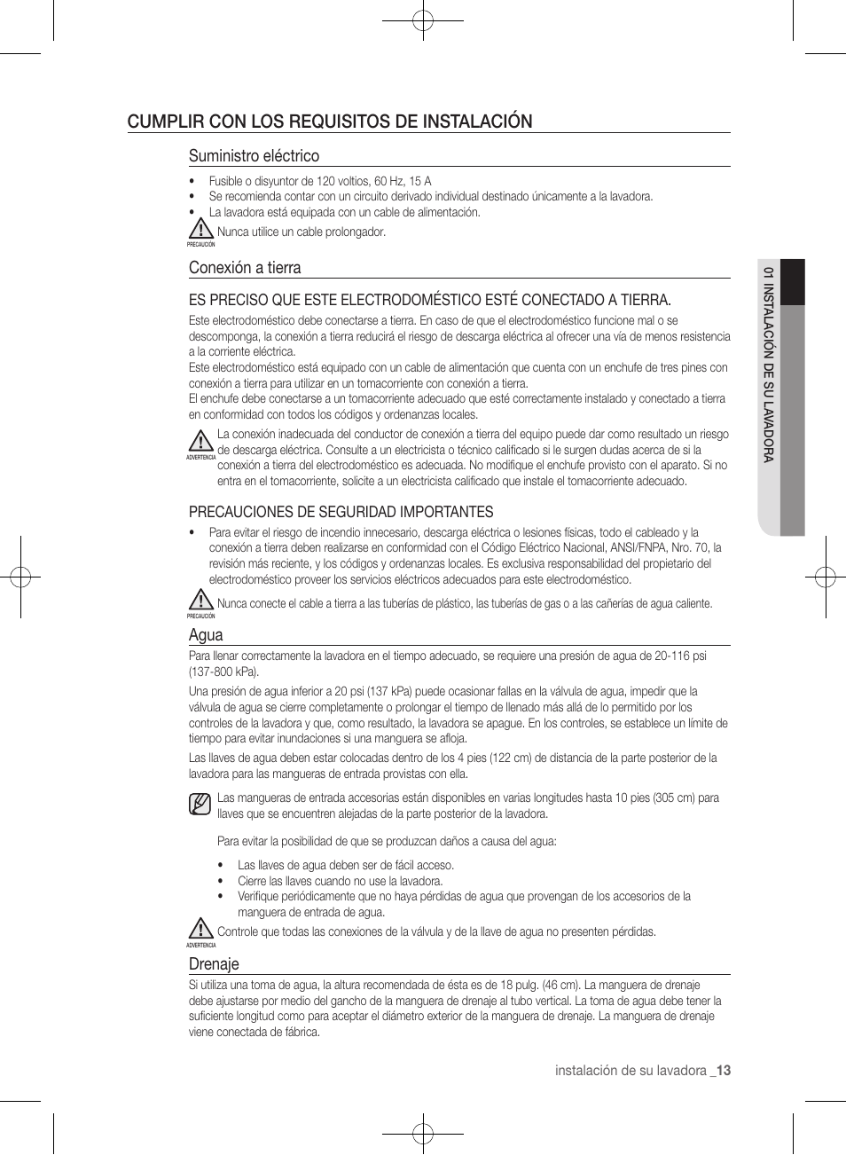 Cumplir con los requisitos de instalación, Suministro eléctrico, Conexión a tierra | Agua, Drenaje | Samsung WF361BVBEWR-A1 User Manual | Page 57 / 132