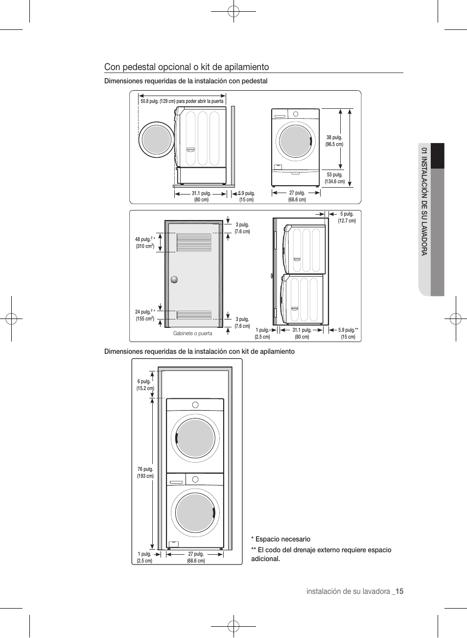 Con pedestal opcional o kit de apilamiento, Instalación de su lavadora | Samsung WF361BVBEWR-A1 User Manual | Page 59 / 132