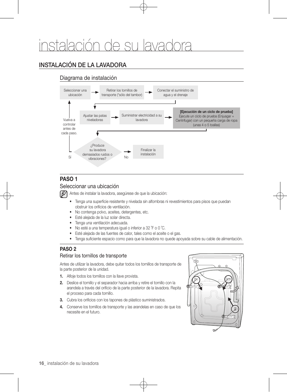 Instalación de su lavadora, Instalación de la lavadora, Diagrama de instalación | Paso 1 seleccionar una ubicación | Samsung WF361BVBEWR-A1 User Manual | Page 60 / 132