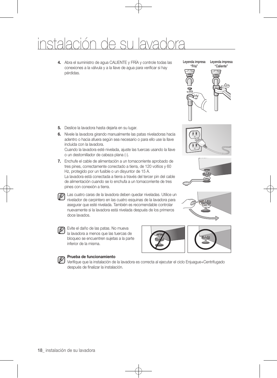 Instalación de su lavadora | Samsung WF361BVBEWR-A1 User Manual | Page 62 / 132