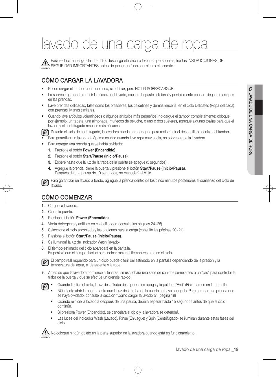 Lavado de una carga de ropa, Cómo cargar la lavadora, Cómo comenzar | Samsung WF361BVBEWR-A1 User Manual | Page 63 / 132
