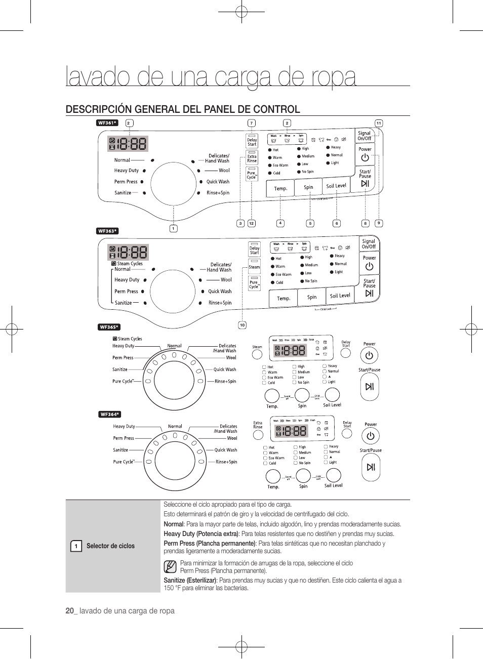 Descripción general del panel de control, Lavado de una carga de ropa | Samsung WF361BVBEWR-A1 User Manual | Page 64 / 132