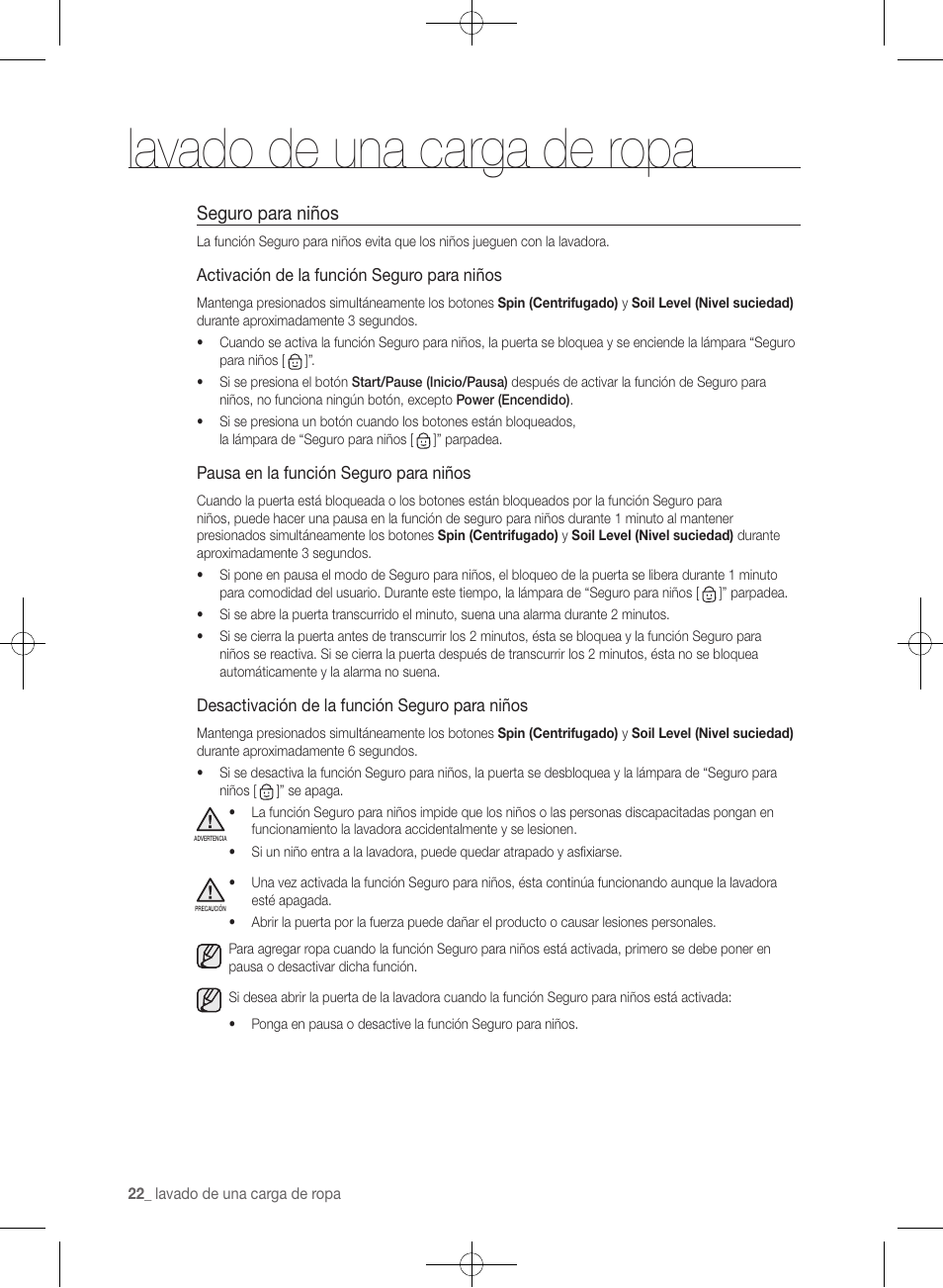 Lavado de una carga de ropa, Seguro para niños | Samsung WF361BVBEWR-A1 User Manual | Page 66 / 132