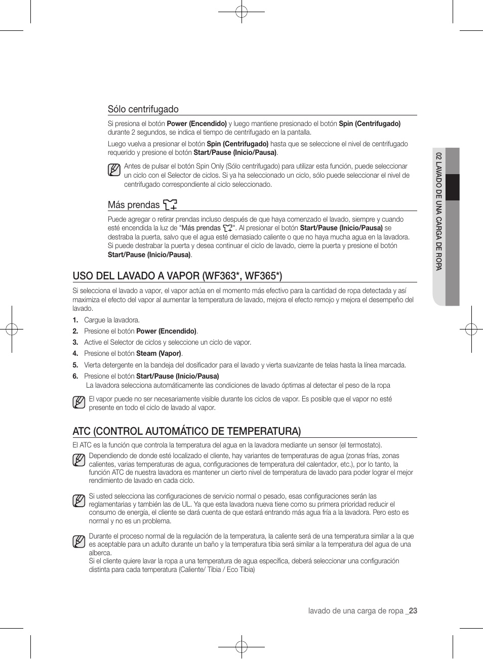 Atc (control automático de temperatura), Sólo centrifugado, Más prendas | Samsung WF361BVBEWR-A1 User Manual | Page 67 / 132