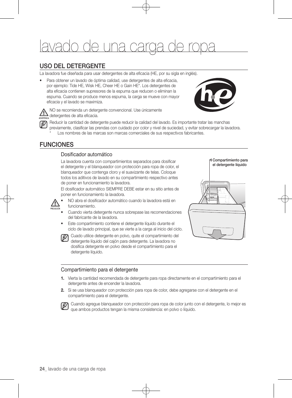 Lavado de una carga de ropa, Uso del detergente, Funciones | Samsung WF361BVBEWR-A1 User Manual | Page 68 / 132