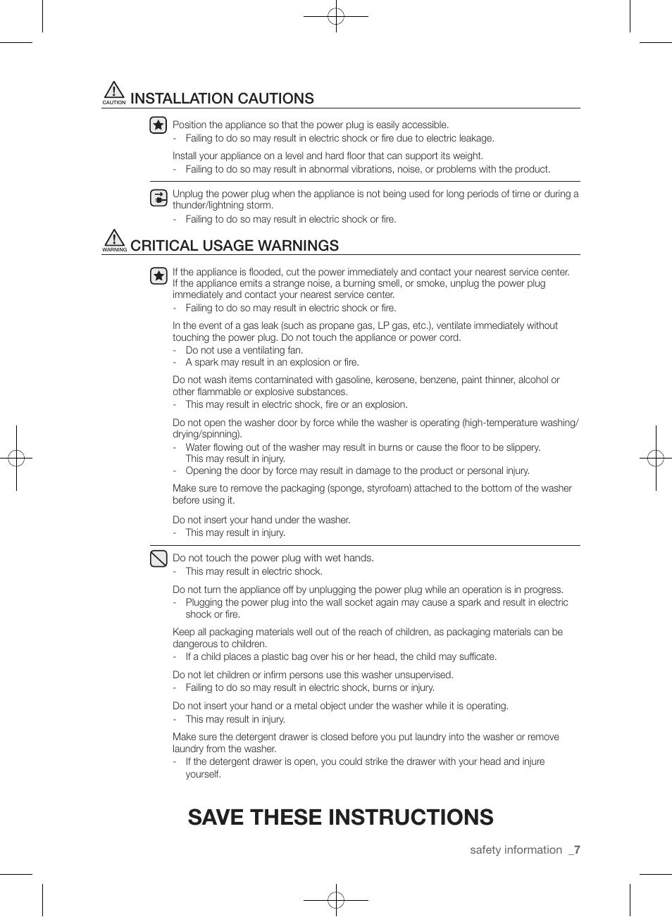 Save these instructions, Installation cautions, Critical usage warnings | Samsung WF361BVBEWR-A1 User Manual | Page 7 / 132