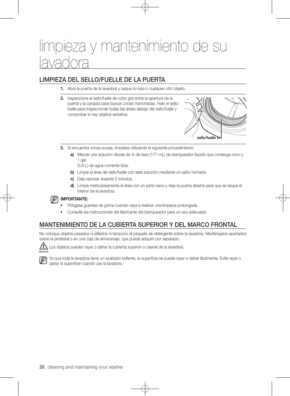 Limpieza y mantenimiento de su lavadora, Limpieza del sello/fuelle de la puerta | Samsung WF361BVBEWR-A1 User Manual | Page 72 / 132