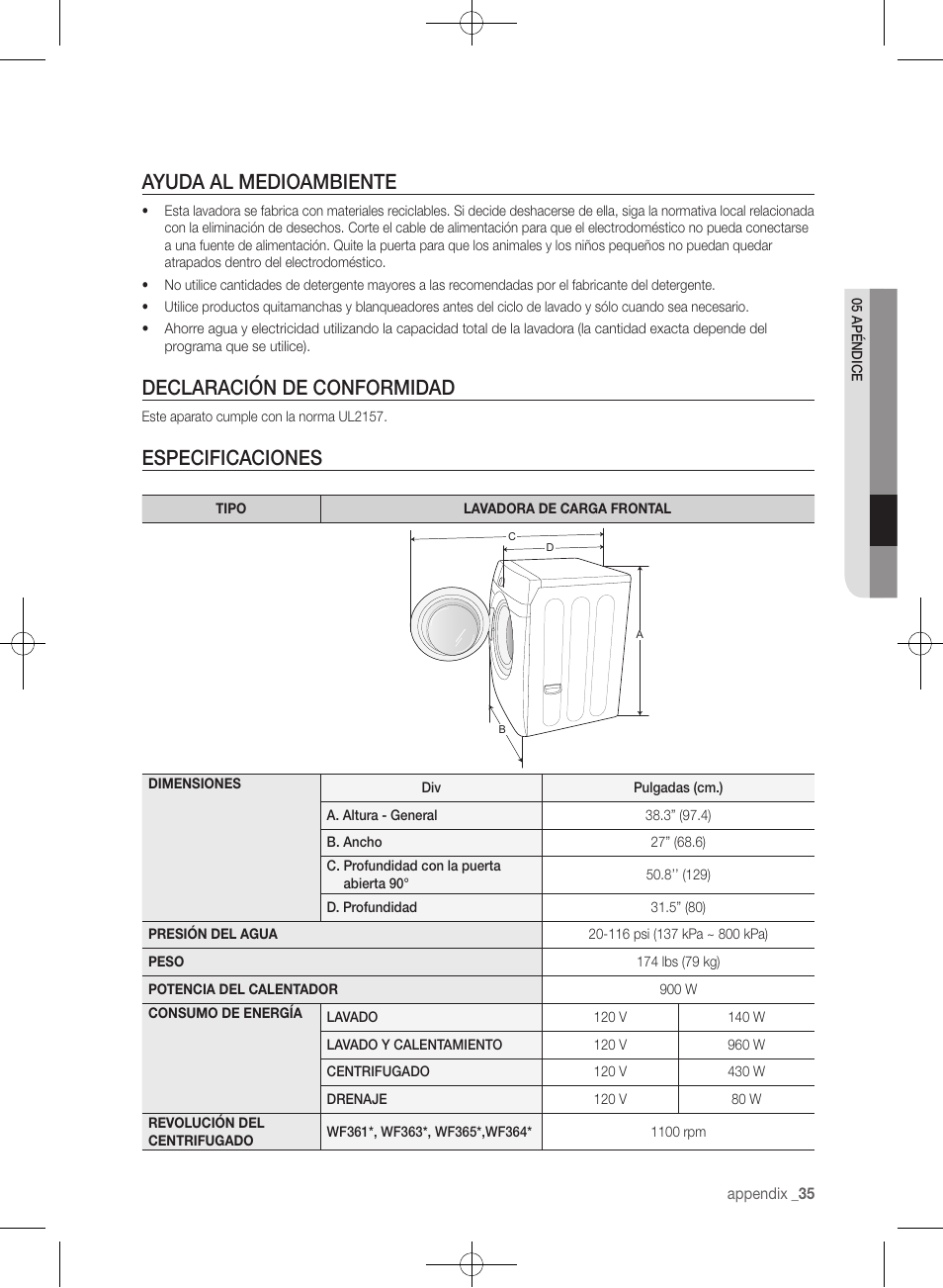 Ayuda al medioambiente, Declaración de conformidad, Especificaciones | Samsung WF361BVBEWR-A1 User Manual | Page 79 / 132