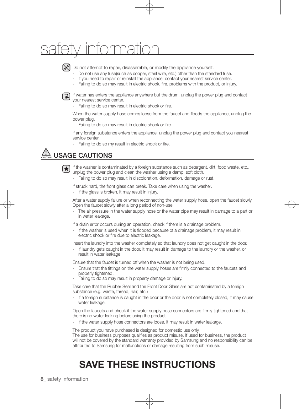 Safety information, Save these instructions, Usage cautions | Samsung WF361BVBEWR-A1 User Manual | Page 8 / 132
