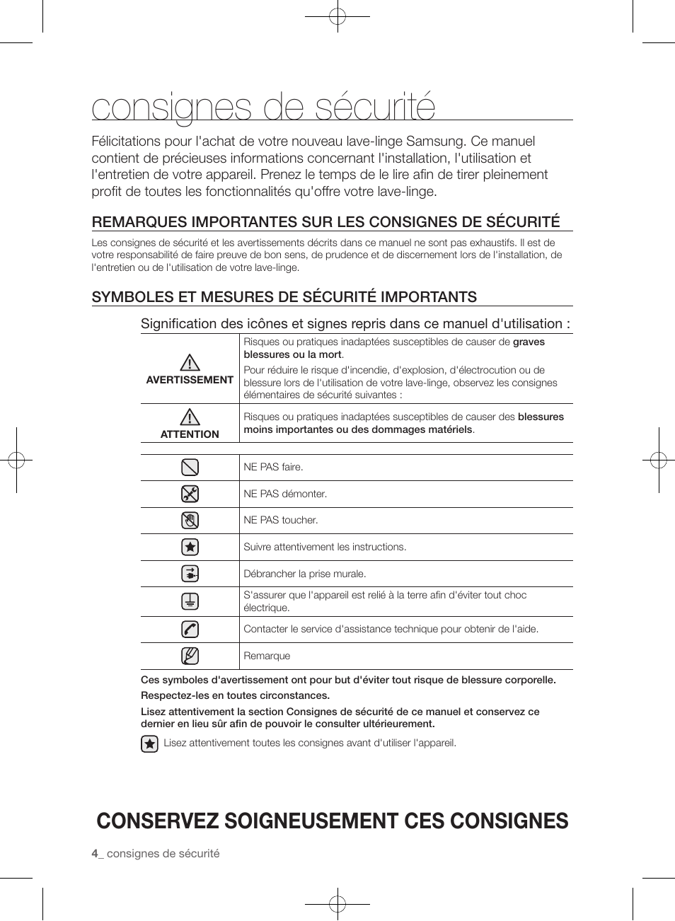 Consignes de sécurité, Conservez soigneusement ces consignes, Symboles et mesures de sécurité importants | Samsung WF361BVBEWR-A1 User Manual | Page 92 / 132