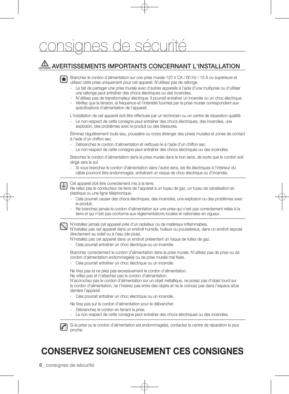 Consignes de sécurité, Conservez soigneusement ces consignes | Samsung WF361BVBEWR-A1 User Manual | Page 94 / 132