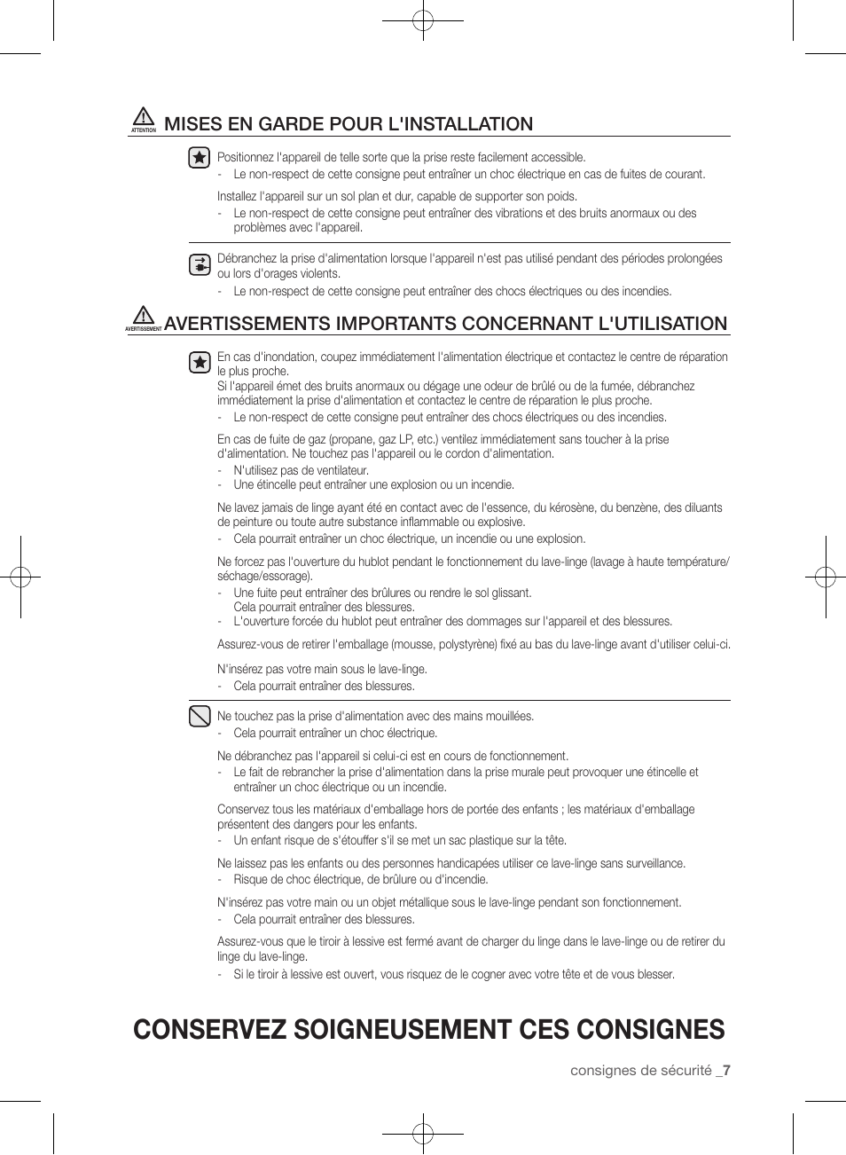 Conservez soigneusement ces consignes, Mises en garde pour l'installation, Avertissements importants concernant l'utilisation | Samsung WF361BVBEWR-A1 User Manual | Page 95 / 132