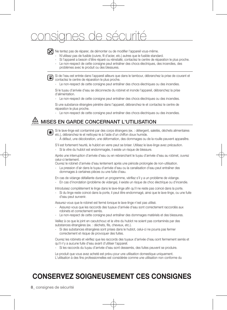 Consignes de sécurité, Conservez soigneusement ces consignes, Mises en garde concernant l'utilisation | Samsung WF361BVBEWR-A1 User Manual | Page 96 / 132