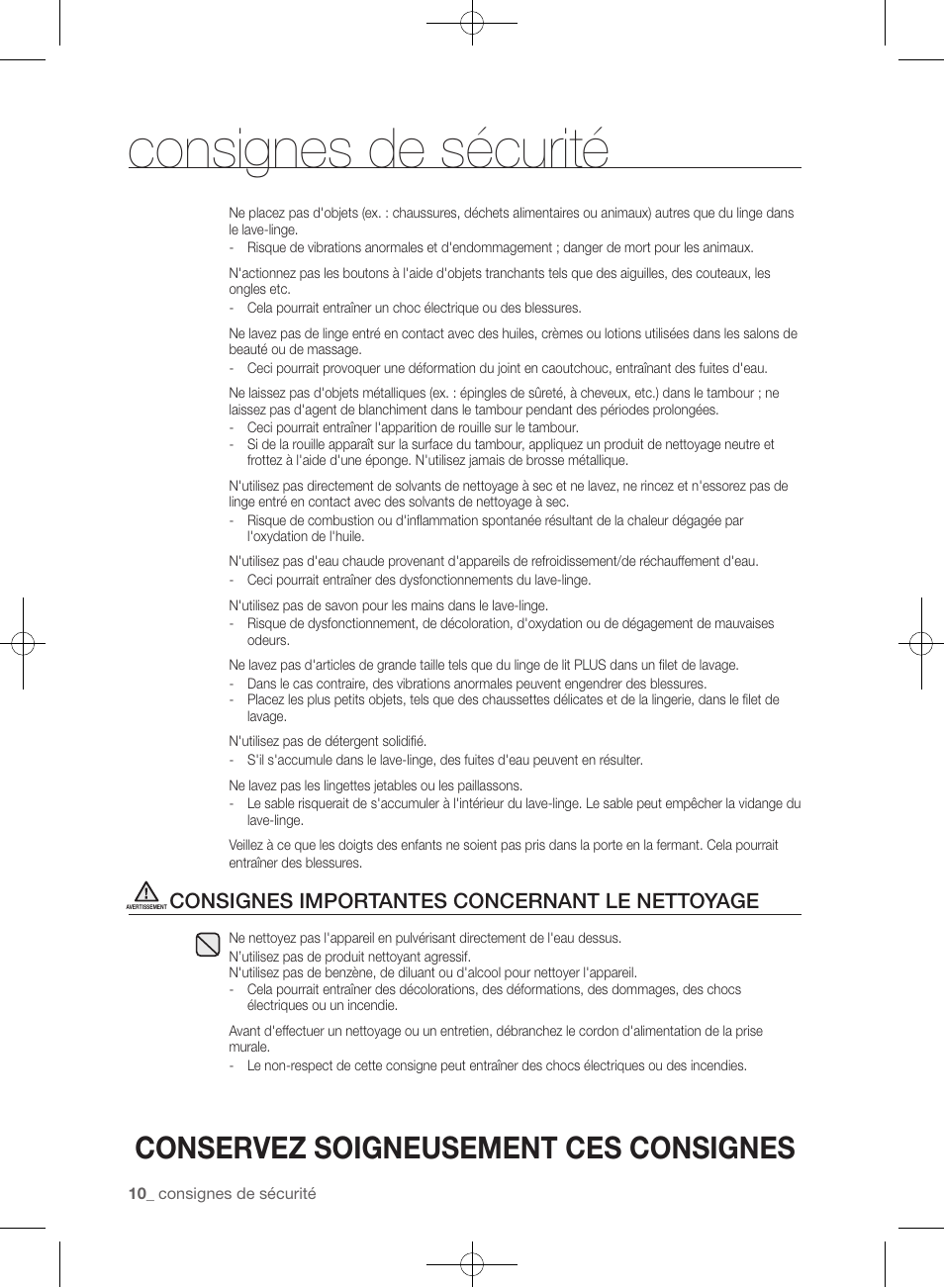 Consignes de sécurité, Conservez soigneusement ces consignes, Consignes importantes concernant le nettoyage | Samsung WF361BVBEWR-A1 User Manual | Page 98 / 132