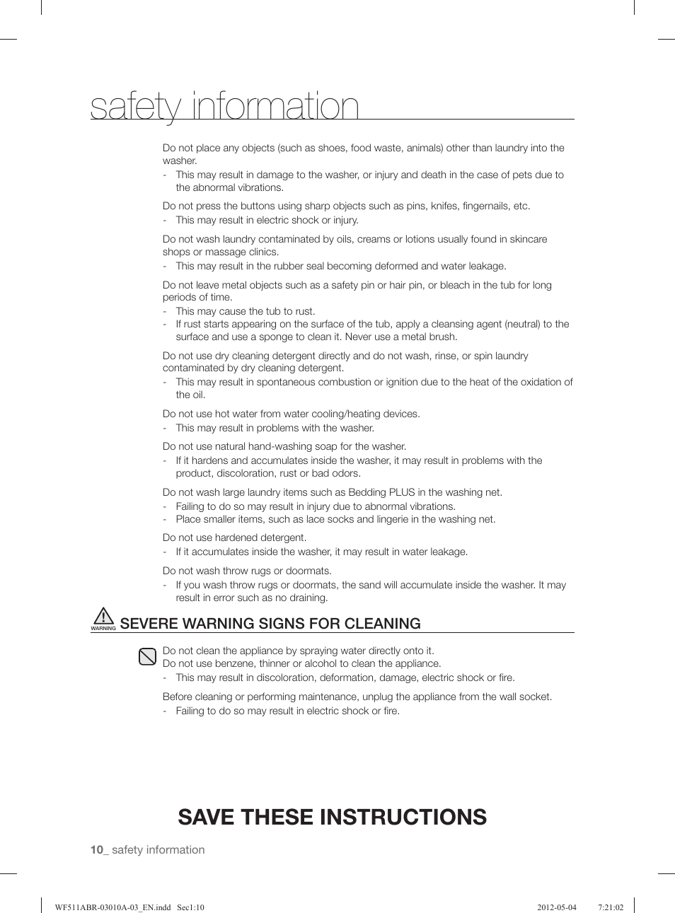 Safety information, Save these instructions, Severe warning signs for cleaning | Samsung WF511ABR-XAA User Manual | Page 10 / 132