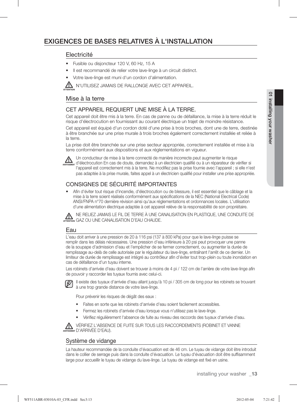 Exigences de bases relatives à l'installation, Electricité, Mise à la terre | Système de vidange | Samsung WF511ABR-XAA User Manual | Page 101 / 132