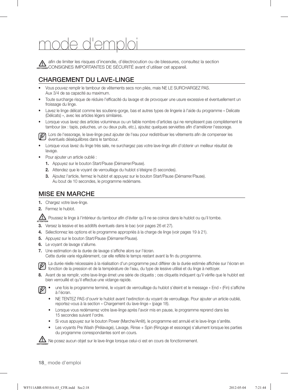 Mode d'emploi, Chargement du lave-linge, Mise en marche | Samsung WF511ABR-XAA User Manual | Page 106 / 132