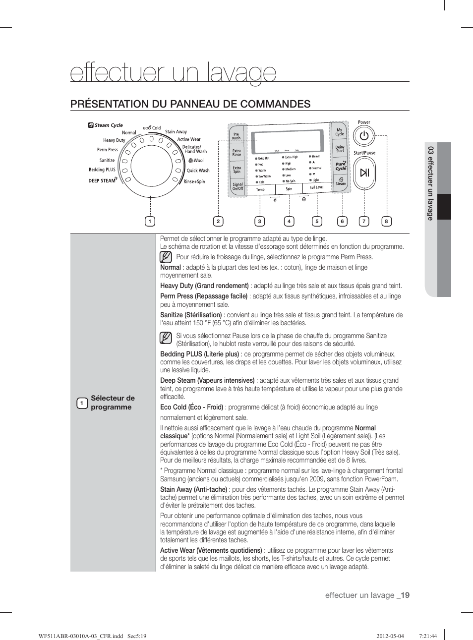 Eff ectuer un lavage, Présentation du panneau de commandes | Samsung WF511ABR-XAA User Manual | Page 107 / 132